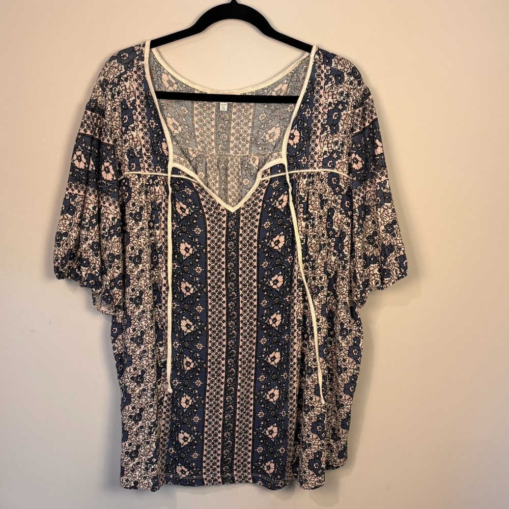 Lucky Brand Womens Cotton Linen Blend Blue Floral Boho Peasant Blouse size 3X